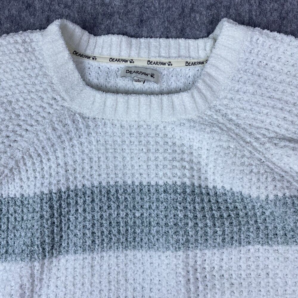 Bearpaw Women’s Chenille Sweater Chunky Knit Striped White & Gray Size Large - Picture 3 of 11